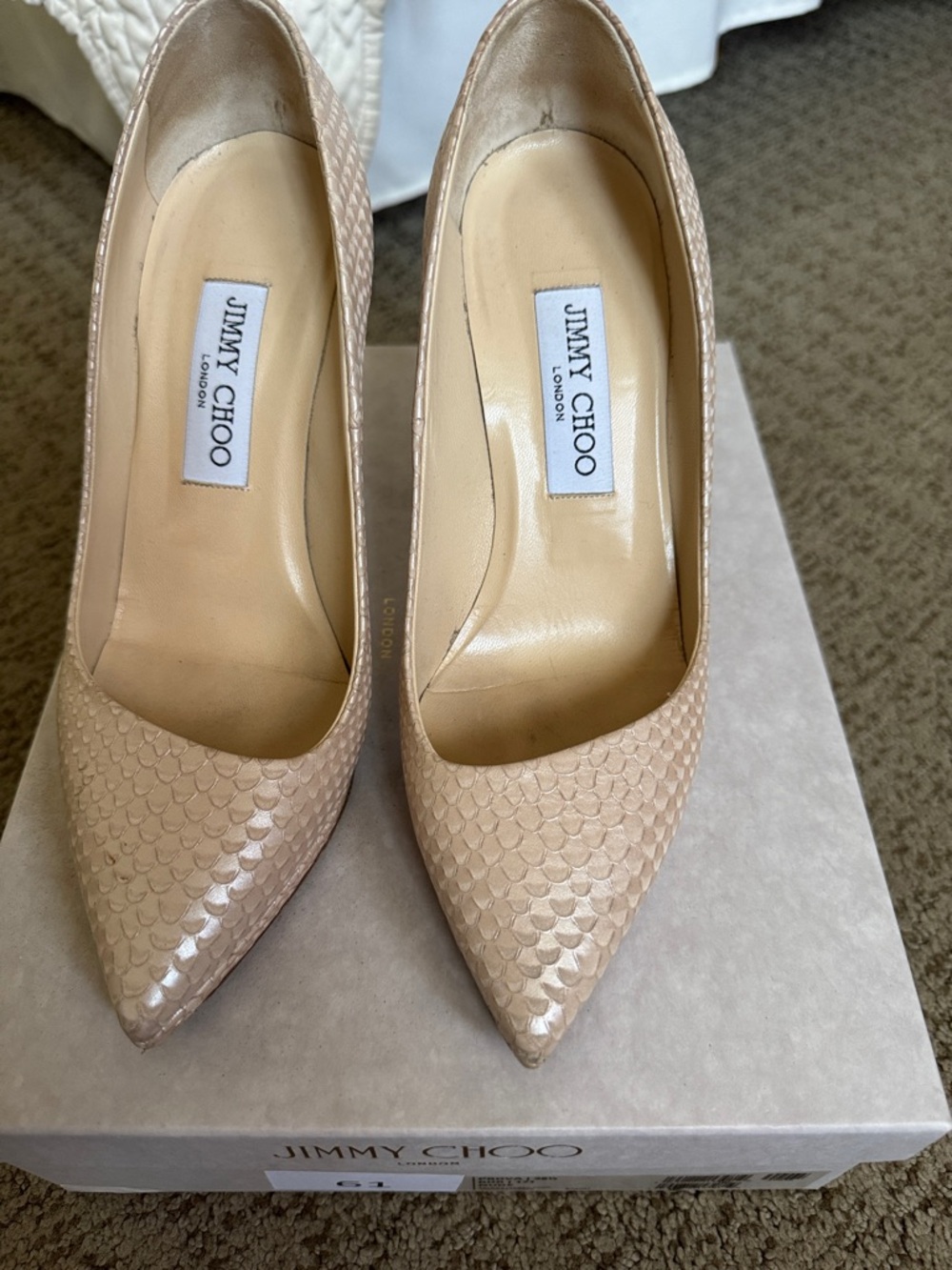 Jimmy Choo Beige/Textured Pointed-Toe Leather Pumps